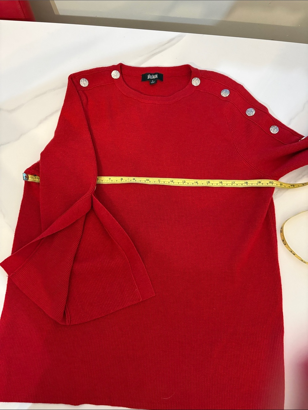 Investments Red Crewneck Sweater with Silver Buttons with open 3/4 in sleeve